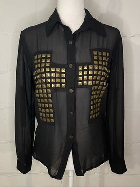 Black Sheer Button-Down Shirt with Gold Stud Panels